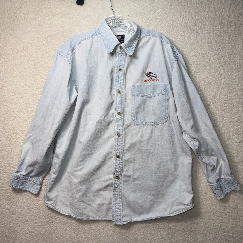 Vintage Lee Sport NFL Denver Broncos Denim Shirt Adult Large Faded Distressed